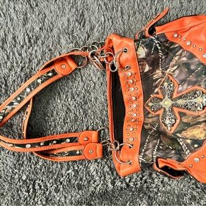 Orange and Camouflage Cross Embellished Shoulder Bag